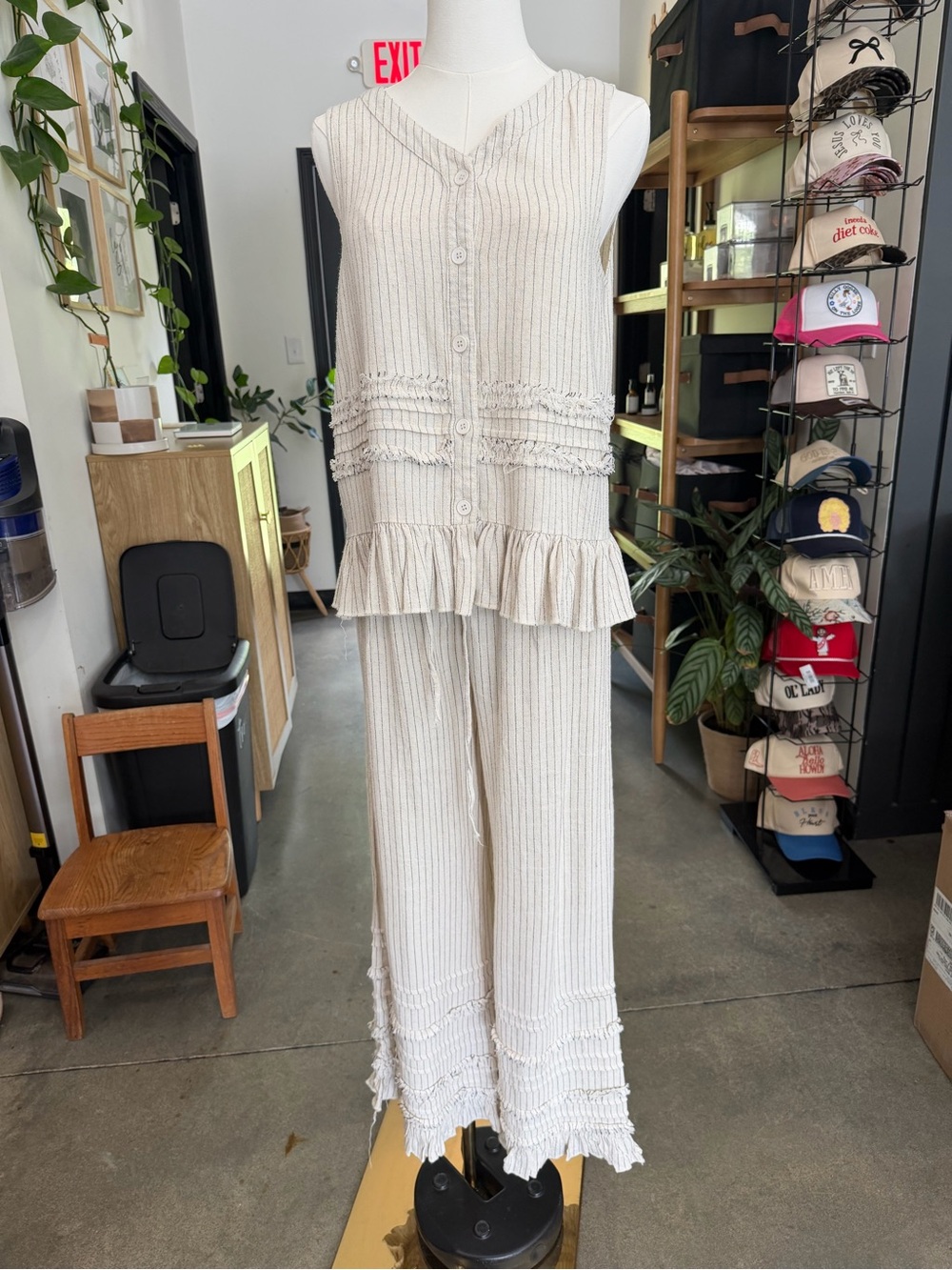 Sleeveless Cream and Stripe Tank and Ruffle Pants